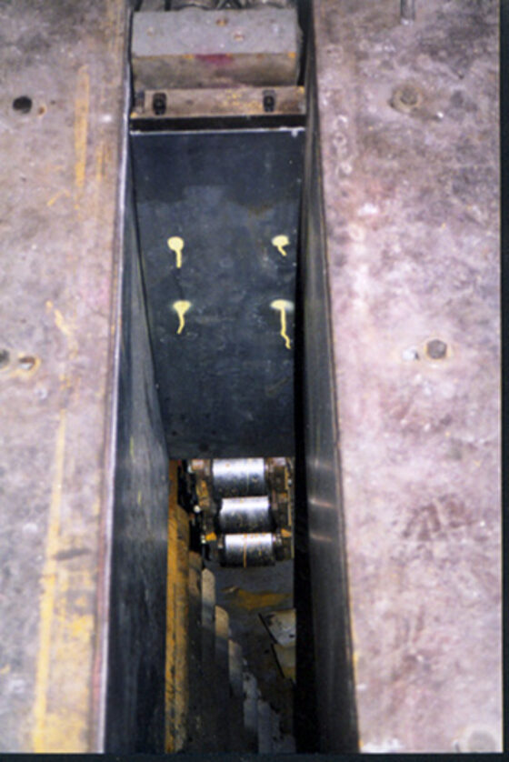 Looking down into a bottomless casting mold